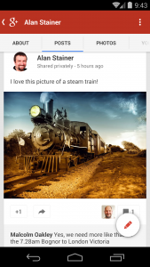 A steam train in the G+ stream on a smartphone