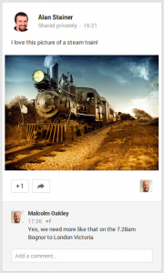 A steam train as it appears on Google+ for desktop PCs